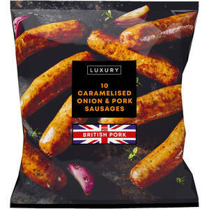 ICELAND 10 CARAMELIZED ONION SAUSAGES 600G